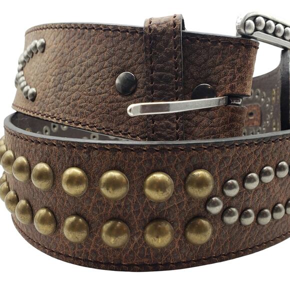 Ariat Western Brown Pebbled Leather Belt Metal Stud Accents 28/70 Silver Buckle - Picture 8 of 14